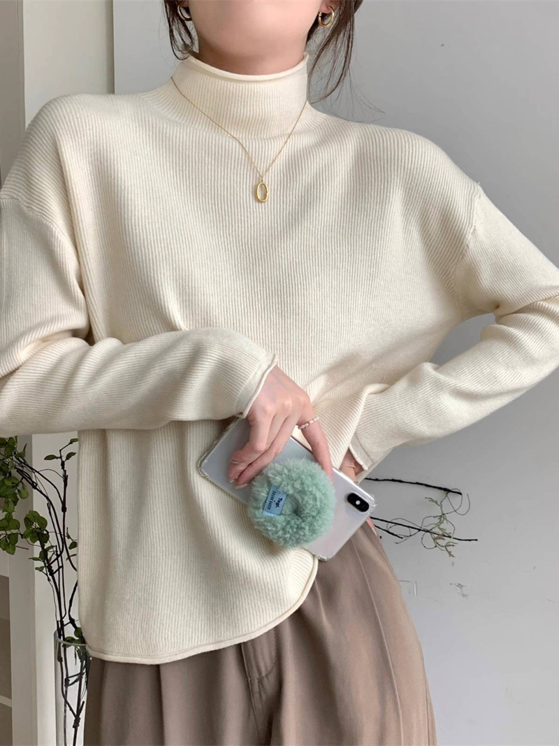 Large size chubby mm autumn new women's knitted shirt with half high collar, loose fit, long sleeved bottom, warm and slimming top_voghion.com