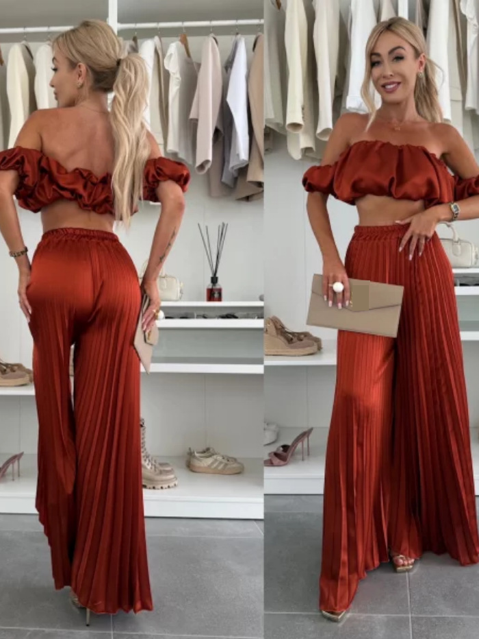 Dameskleding Effen kleur Temperament Tube Top Geplooide broek Pak_voghion.com