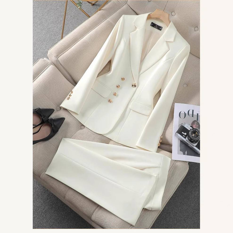 Kadın Giyim Şık Esnek Kesim Kadın İş Elbisesi Takımı - Profesyonel Blazer ve Pantolon Ofis Giyim, Beyaz, Polyester-Spandex Karışımı, S-XXL_voghion.com