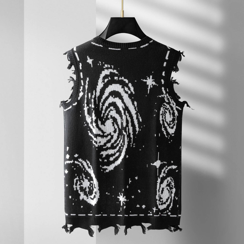 Vintage Retro Distressed Knit Sweater Vest – Galaxy Space Jacquard, Soft & Breathable, Men’s Sleeveless V-Neck Pullover (Black, M-XXL)_voghion.com
