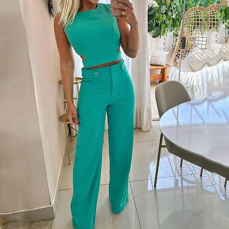 Autumn Women's Fashion Suit Set - Elegant Casual Polyester Pantsuit With Button Details In Black, Green, Sky Blue - S-XXL Size For Office & Daily Wear_voghion.com