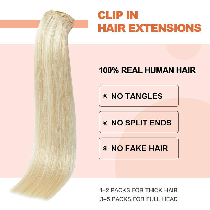 Echthaar-Clip-In-Extensions, 14 Zoll, Echthaar, helles Platinblond, Haarverlängerungen, Clip-Ins, Doppelschuss, 100 % Echthaar-Extensions, 8 Stück, 80 g_voghion.com