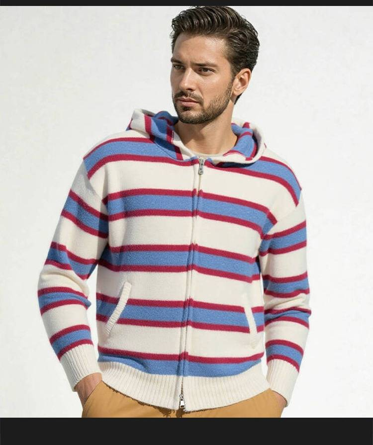 Men's Striped Hooded Sweater – Oversized Knit Pullover (Thickened Fleece Lining, Drop Shoulder, Ribbed Hem, Machine Washable, Streetwear Essential)_voghion.com