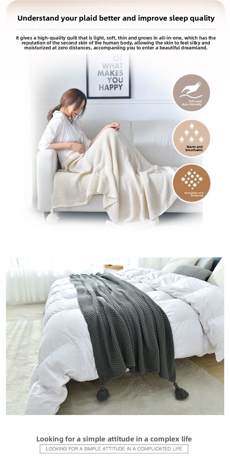 Premium Cotton Knit Throw Blanket - Soft & Breathable For Sofa, Office Nap, And Home Decor (Beige/Grey, Lightweight, OEKO-TEX Certified)_voghion.com