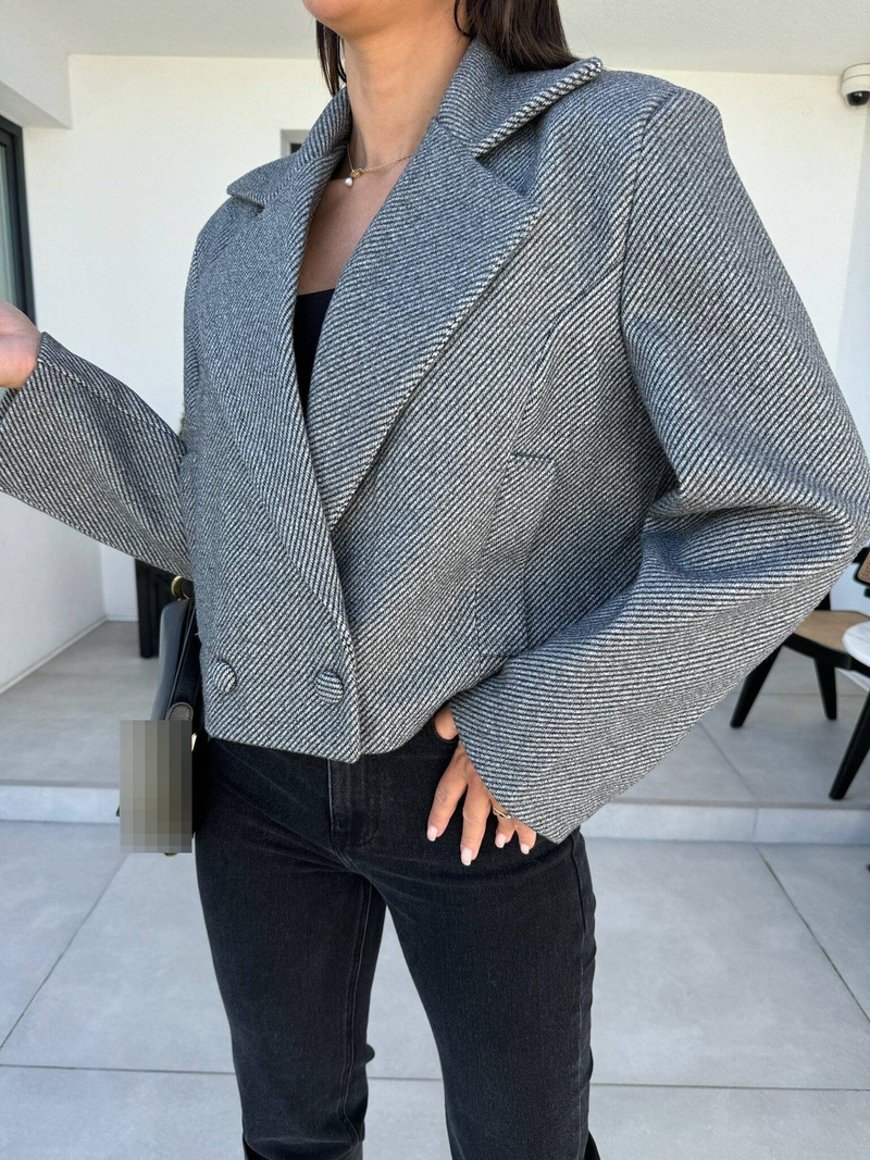 Eleganter Blazer aus Wollmischung im britischen Stil mit fallendem Revers – Kurzärmliger Zweireihermantel für Damen, Büro- und Freizeitkleidung_voghion.com