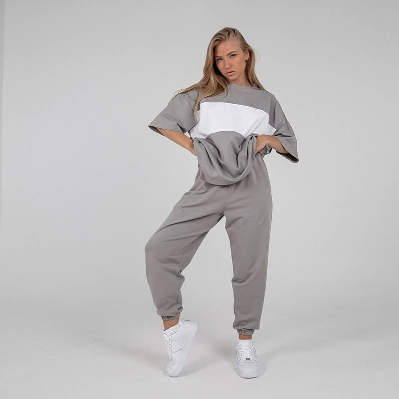 T-Shirt und Jogginghose in Kontrastfarbe – Atmungsaktives Kurzarm-T-Shirt und Loungehose mit entspannter Passform (Khaki/Schwarz/Grau, S-XL)_voghion.com