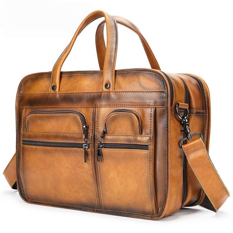 Premium Genuine Leather Briefcase For Men - Professional & Casual Use, Expandable Design, Spacious Interior Fits 14-Inch Laptop, Multiple Pockets_voghion.com