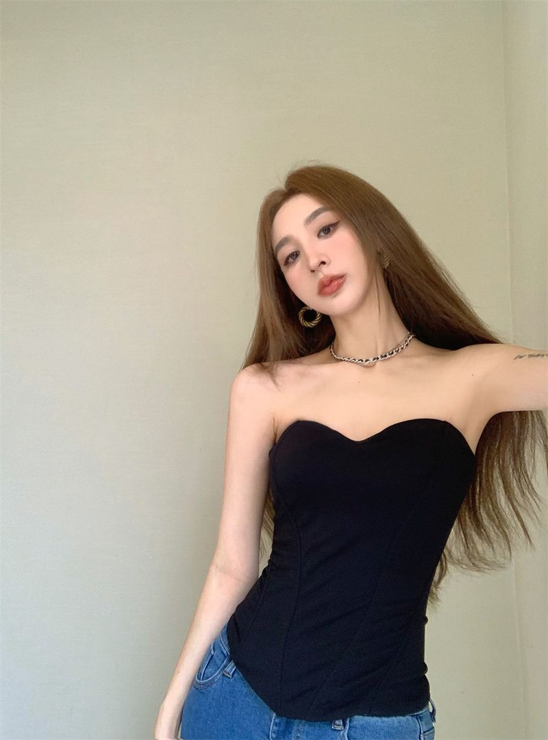 Würzige sexy Fischgrätenweste für Damen, Sommer, schwarz, elegant, trägerlos, kurzes Top für Innen- und Außenbekleidung_voghion.com