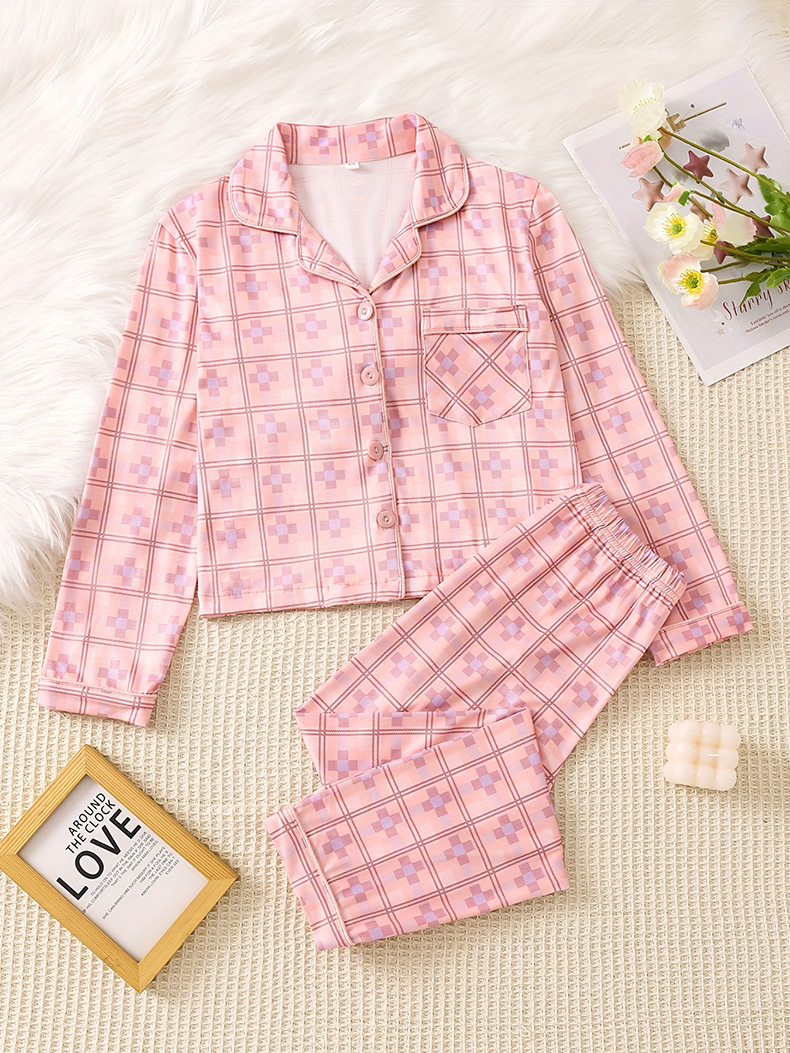 Conjunto de ropa de casa para niños de otoño e invierno, cárdigan de manga larga a cuadros a rayas de seda con leche, pijamas para niños con solapa_voghion.com