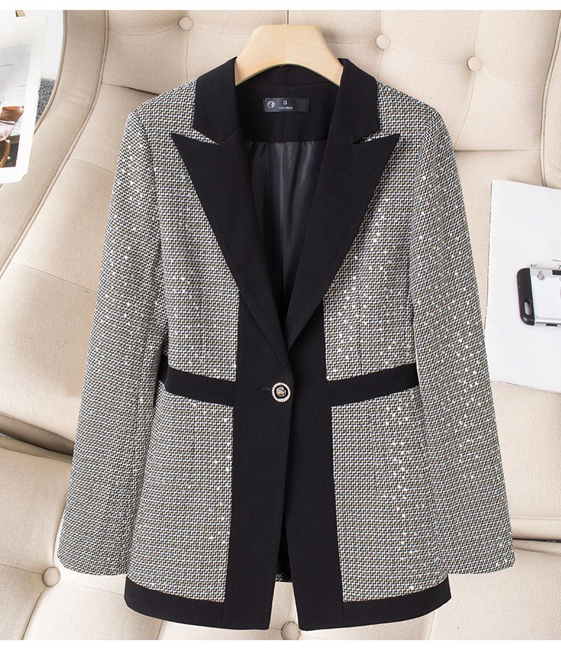 Women's Clothing high-end slim slimming heavy work sequins professional Plaid color matching suit_voghion.com