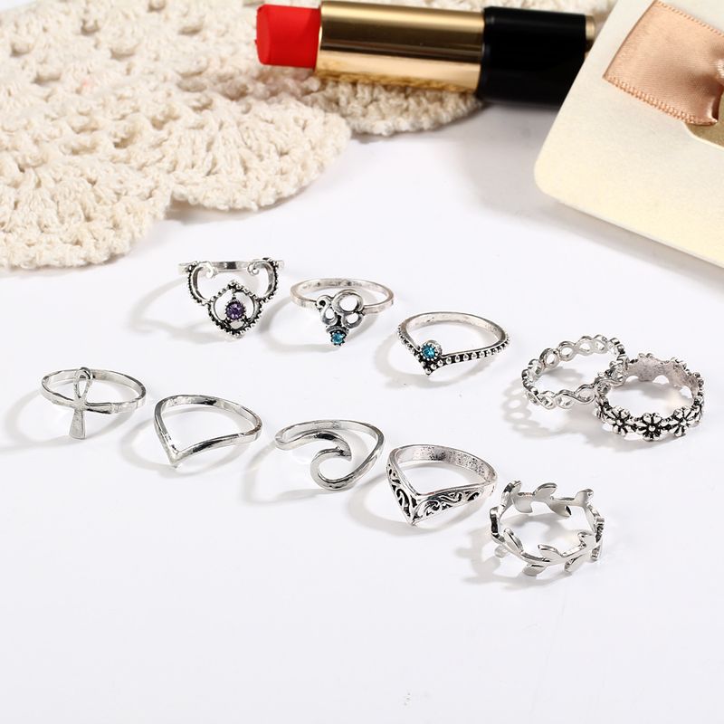 Fashion 10PCS/Set Vintage Antique Moon Heart Ring Crown Opal Stone Finger Midi Rings Set for Women Boho Jewelry Gift_voghion.com