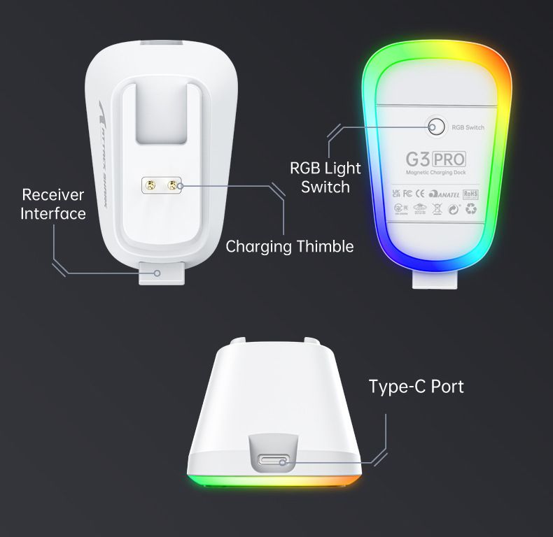 Mouse ATTACK SHARK G3PRO leggero per giochi e-sport, caricabatteria da sedile RGB Bluetooth wireless a tre modalità_voghion.com