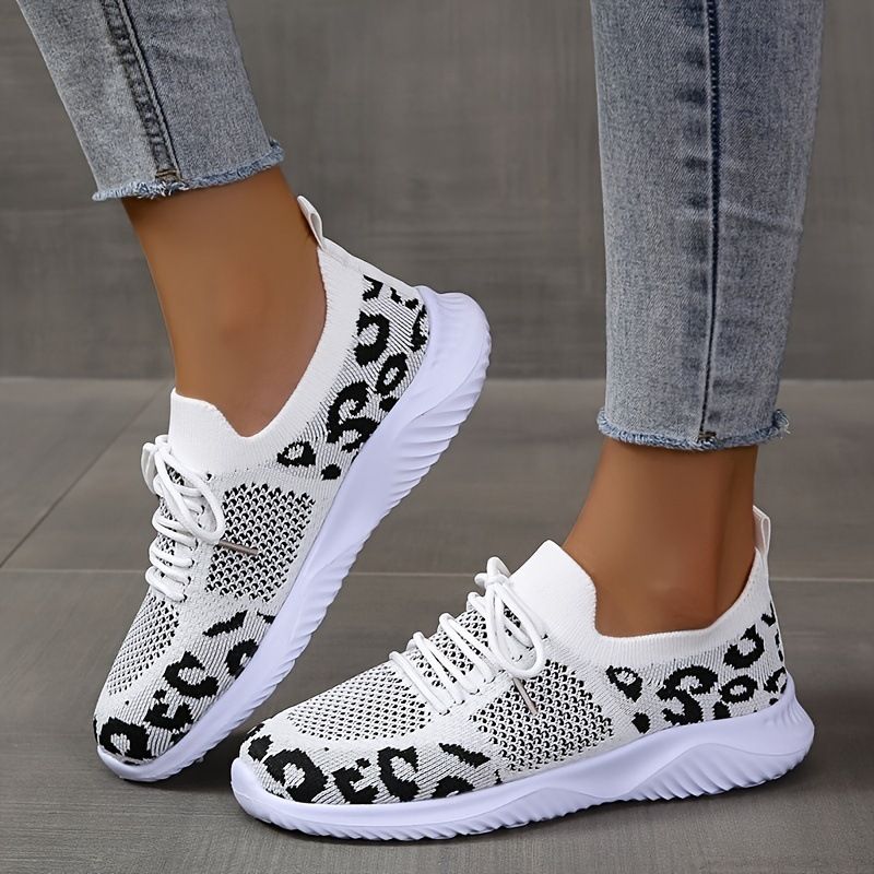 Velike ležerne platnene cipele za žene s leopard printom, vezicama i mrežastim cirkonima_voghion.com