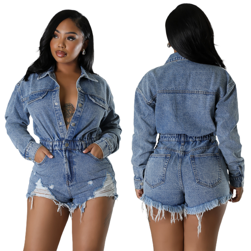Abbigliamento da donna tuta con tuta in denim lavato sciolto con nappe con foro elastico alto_voghion.com