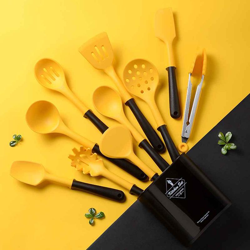 Set da 10 pezzi di utensili da cucina in silicone con giunzioni nere e gialle, kit di contenitori per utensili da cucina_voghion.com