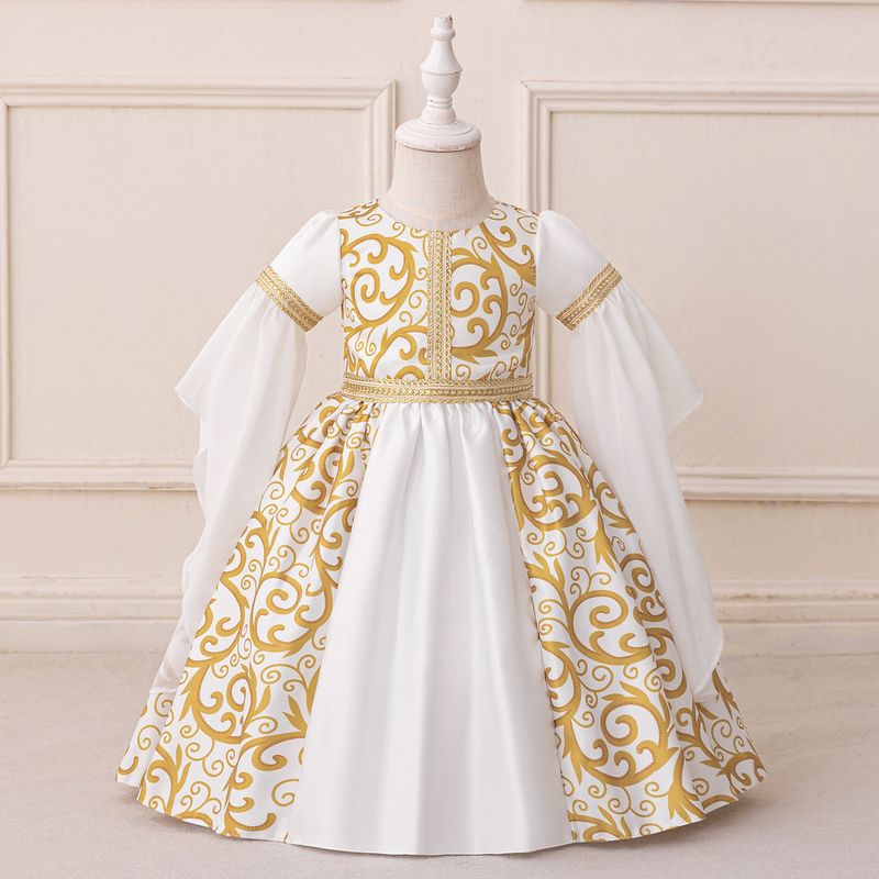 Vestiti per bambine, abito musulmano, abito da principessa stampato, abito per bambini, abito bianco con cuciture_voghion.com
