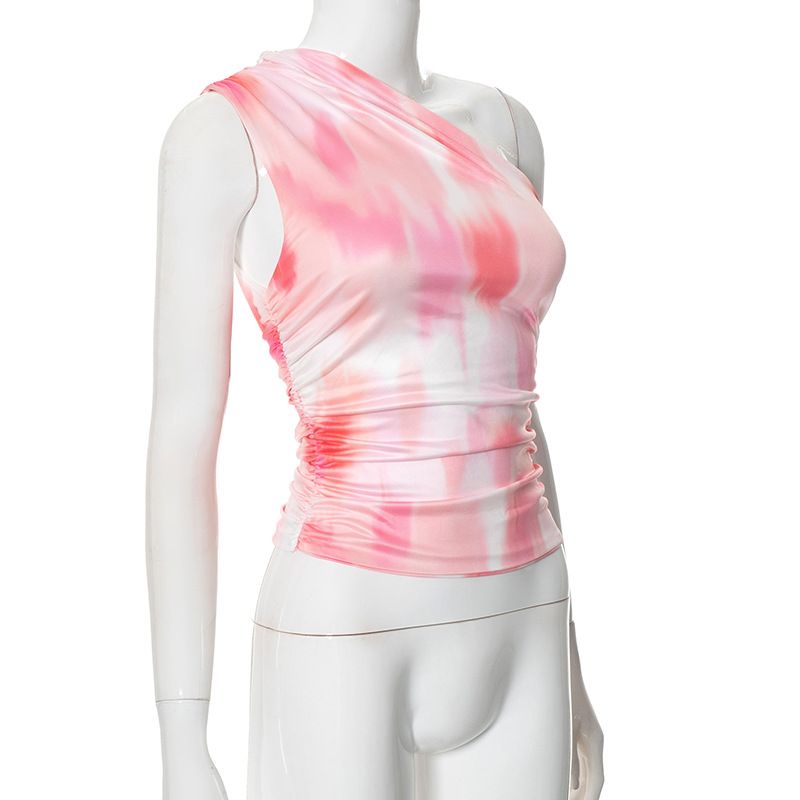 Vêtements pour femmes, nouveaux hauts d'été sans manches à col oblique et épaules dénudées, imprimés sexy, couleur contrastée_voghion.com