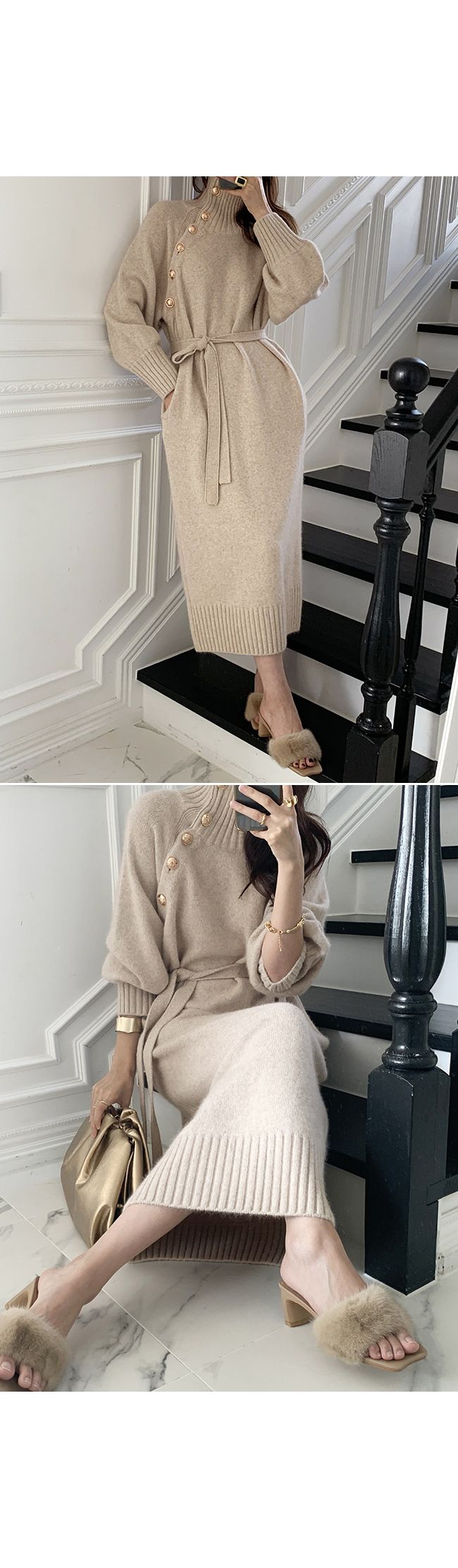 Abbigliamento da donna, abito lavorato a maglia con lacci in vita, maglione lungo versatile a collo alto dimagrante e sciolto per donna_voghion.com