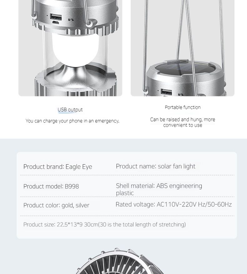 Bärbar solcellsfläkt för utomhusbruk, campinglampa, litiumbatteri för häst_voghion.com