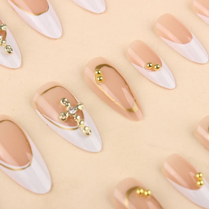 False Nails Wearable Nails White French Point Diamond Nail Art Simple Advanced False Nails Gold Line Classic Nail Tips_voghion.com
