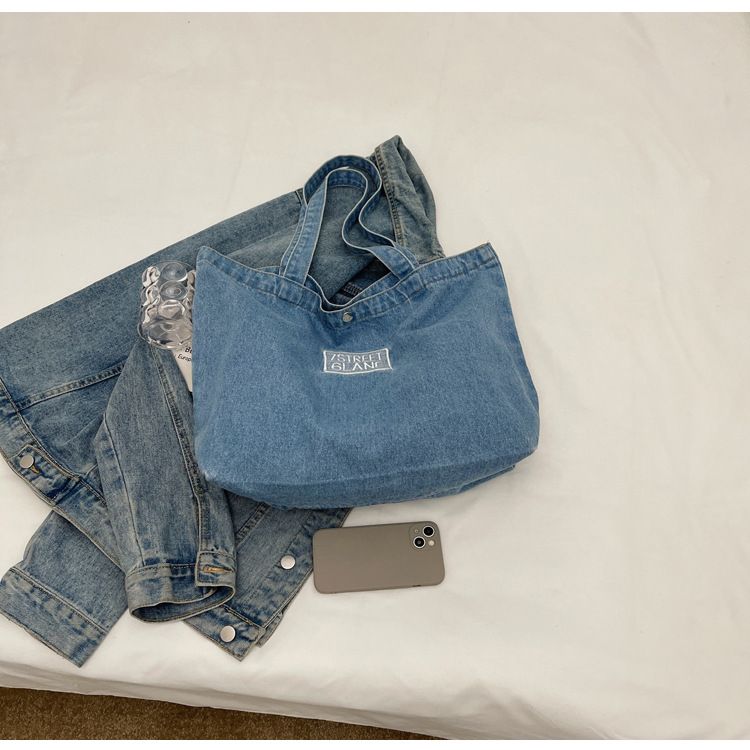 Stor volumen Tote denimtaske med broderet monogram enkelt skuldertaske_voghion.com