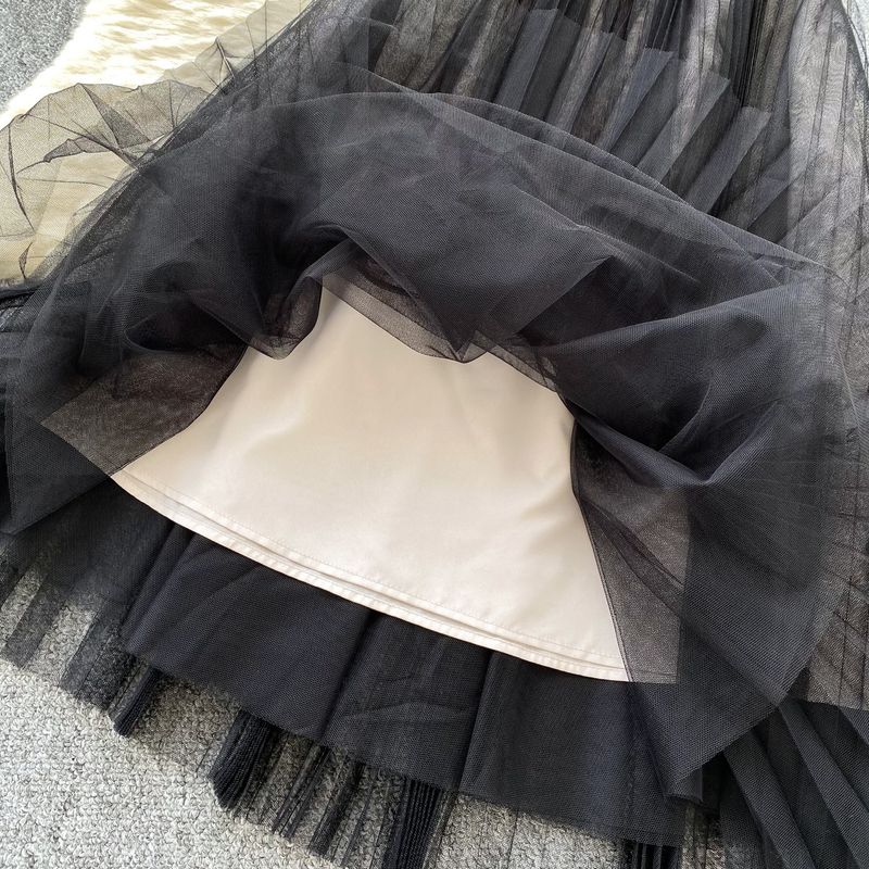 Elegant Two-Piece Set - Tweed Blazer & High-Waist Tulle Skirt (Bow Detail, Black Beaded Trim)_voghion.com