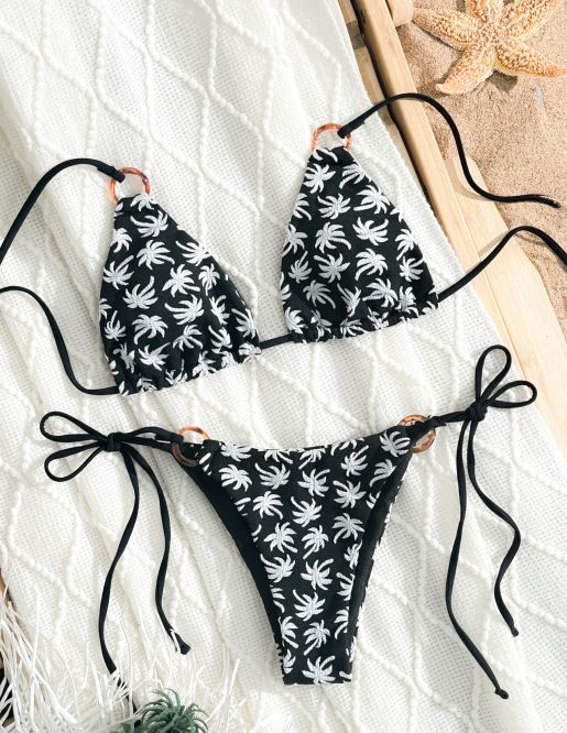 Women's Clothing Split Swimsuit Women's Sexy Drawstring Bikini Maple Leaf Print Swimsuit Women_voghion.com