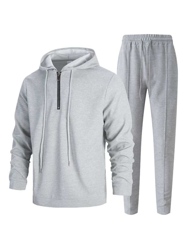 Men's Waffle Knit Hoodie & Jogger Set - Half-Zip Pullover Tracksuit With Drawstring Waist_voghion.com