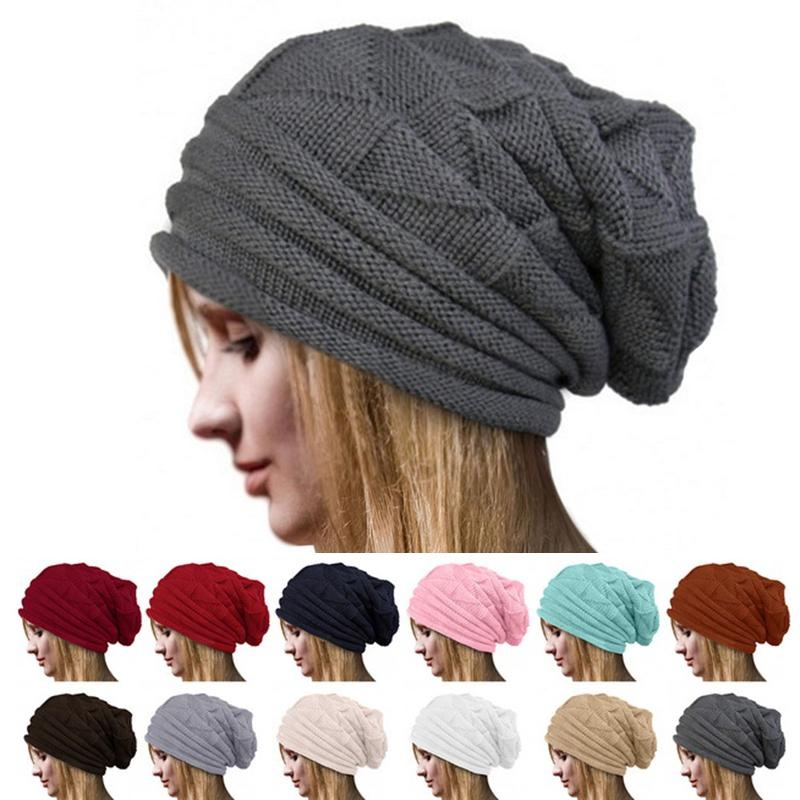 Europeisk stil Höst Vinter Mode Unisex stickad Virkad Solid Varm Baggy Beanie Hat Oversized Slouch Cap_voghion.com