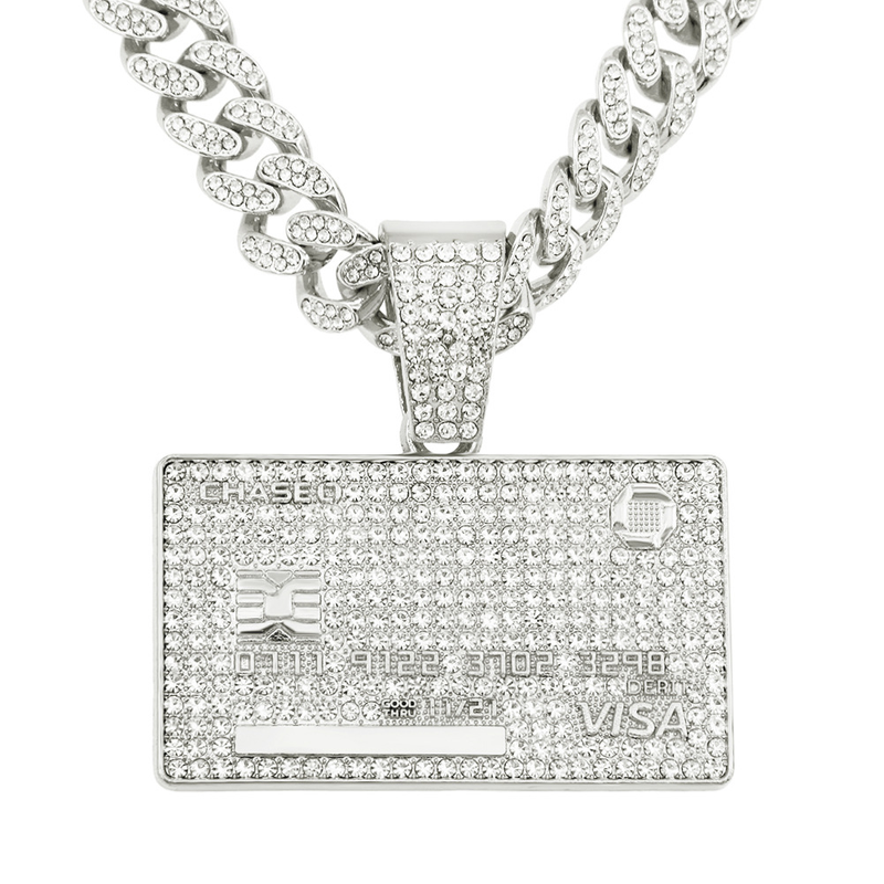 Men's Hip Hop Full Iced Out Credit Card Pendant Necklace With 13mm Width Cuban Chain Gold Color Necklaces Charm CZ Jewelry Gift_voghion.com