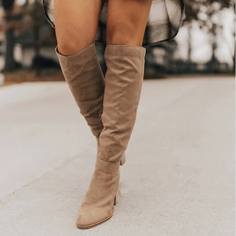 Stivali alla moda da donna in pelle scamosciata con tacco spesso, taglie forti, con cerniera laterale e punta, colore unito, 2024_voghion.com