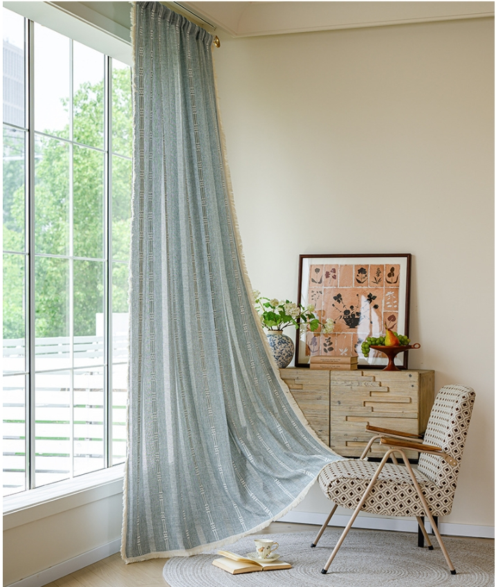 Cortinas de mistura de linho japonês - Painel de janela semitransparente com listras bordadas para cozinha/quarto, vários tamanhos e cores, bolso para haste/ganchos/ilhós_voghion.com