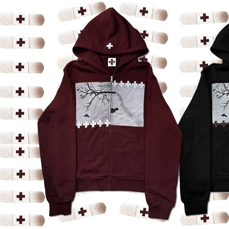 Herrenbekleidung Retro-Kapuzenpullover mit Reißverschluss, Unisex, Streetwear-Modepullover mit geometrischem Aufdruck, lockere Passform, bequem und stilvoll (Schwarz/Burgund)_voghion.com