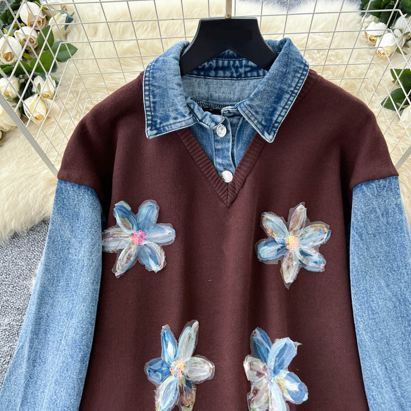Elegant Boho Floral Embroidered Denim Knit Dress - Oversized A-Line Tunic With High Waist & Long Sleeves For Women_voghion.com