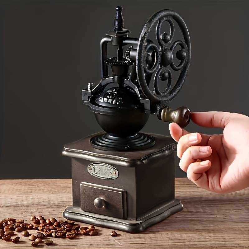 Vintage Hand Coffee Grinder - Wood, Cast Iron & Rubber Material, 27cm Height, 13cm Width, Artificially Colored, Not Washable_voghion.com