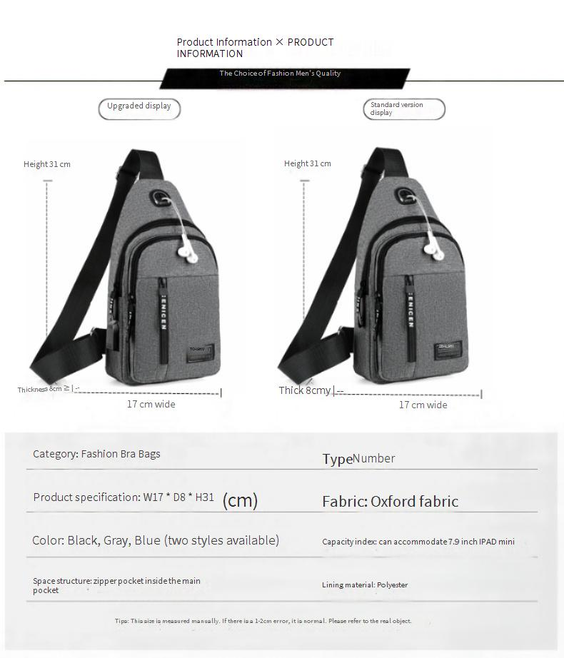 USB Charging Crossbody Bag For Men - Lightweight Anti-Theft Chest Shoulder Bag With Multiple Pockets, Water-Resistant Oxford Fabric, Adjustable Strap_voghion.com