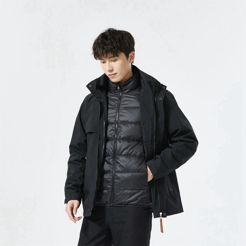 Men's 3-in-1 Waterproof Hiking Jacket With Detachable Down Liner - All-Season Windproof Shell For Mountaineering, Skiing & Urban Commute (Black/Camo)_voghion.com