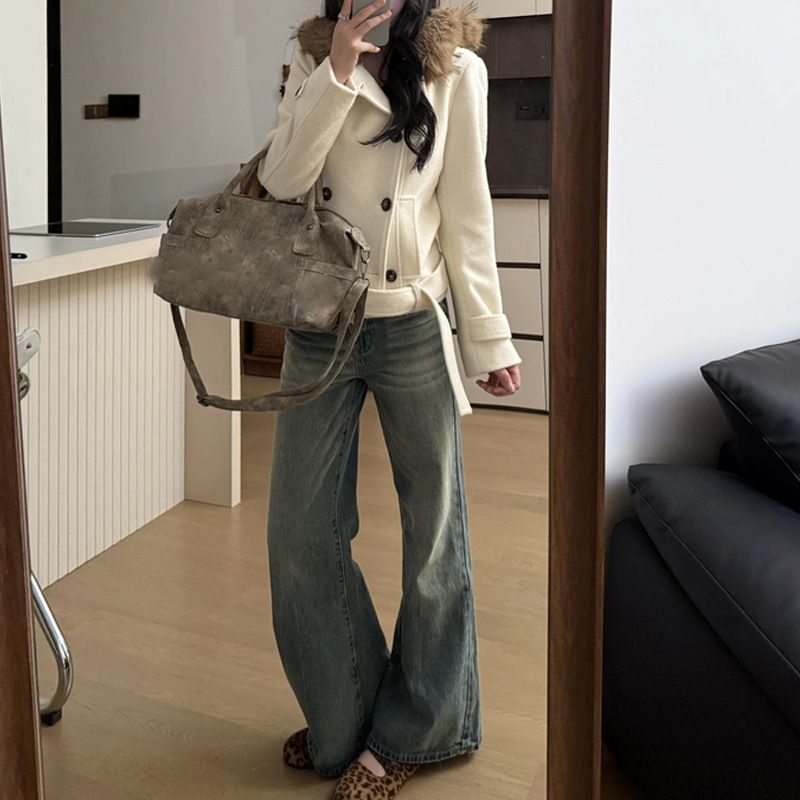 Kurzer Wollmantel mit doppelreihiger Knopfleiste, Pelzkragen und Kapuze für Damen, tailliert, dick gefüttert für Herbst und Winter, ideal für den Arbeitsweg_voghion.com