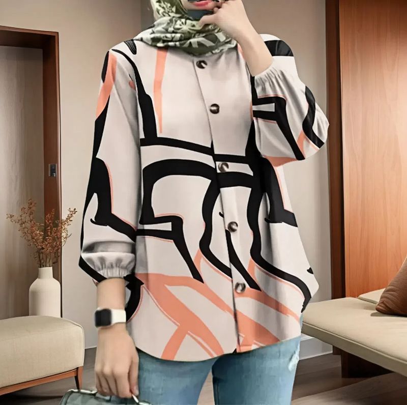 2025 Dames Lente Herfst Puff Lange Mouwen Stijlvolle Print Losse Casual Knoop Blouses Dames Feest Werk Tops Moslim Hijab Blusas_voghion.com