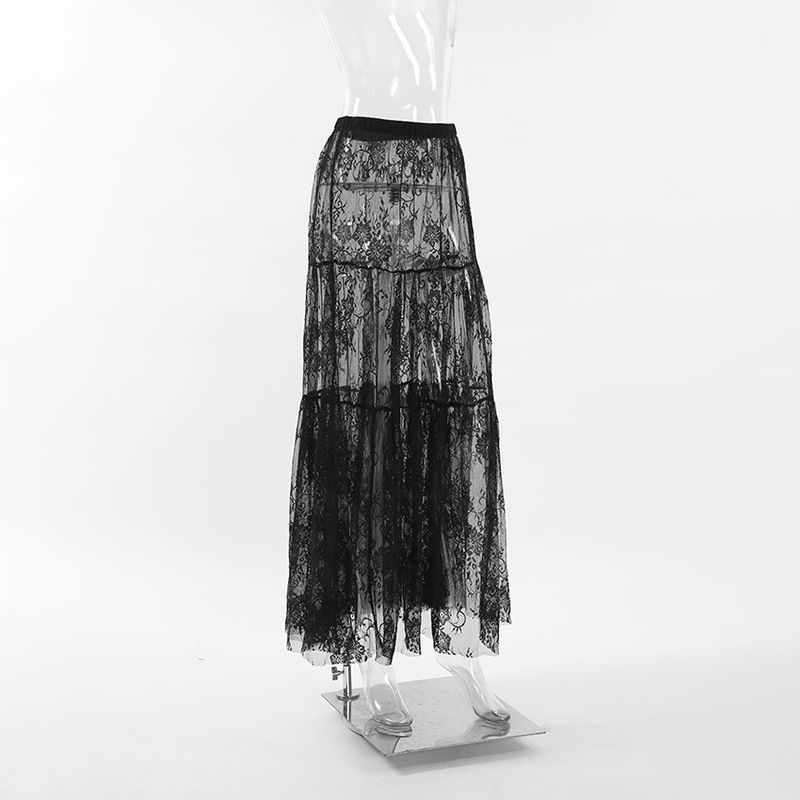 Elegante gonna in pizzo a vita alta con rivestimento in rete trasparente – Gonna midi fluida a trapezio per donna, ricamo floreale di ispirazione vintage_voghion.com