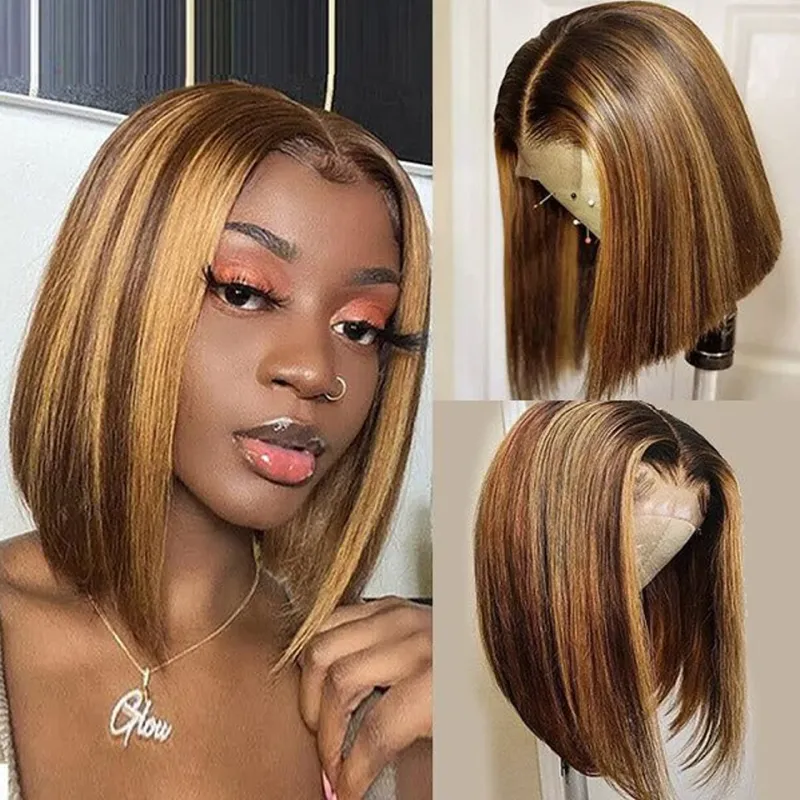 Kurze Bob-Ombre-Perücken aus Echthaar, blond, glatt, mit Spitzenfront_voghion.com