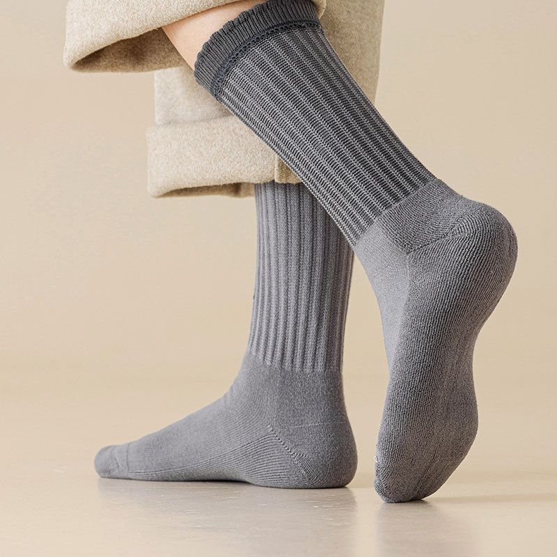 Nouvelles chaussettes d'automne et d'hiver pour hommes, chaussettes décontractées de couleur unie pour hommes, chaussettes en éponge, fond en serviette, chaussettes mi-tubes épaisses et polyvalentes_voghion.com