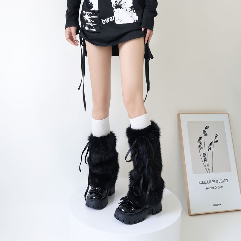 Autumn/Winter thickened fluffy bow strap leg set mid-tube y2k Spice Girl warmers_voghion.com
