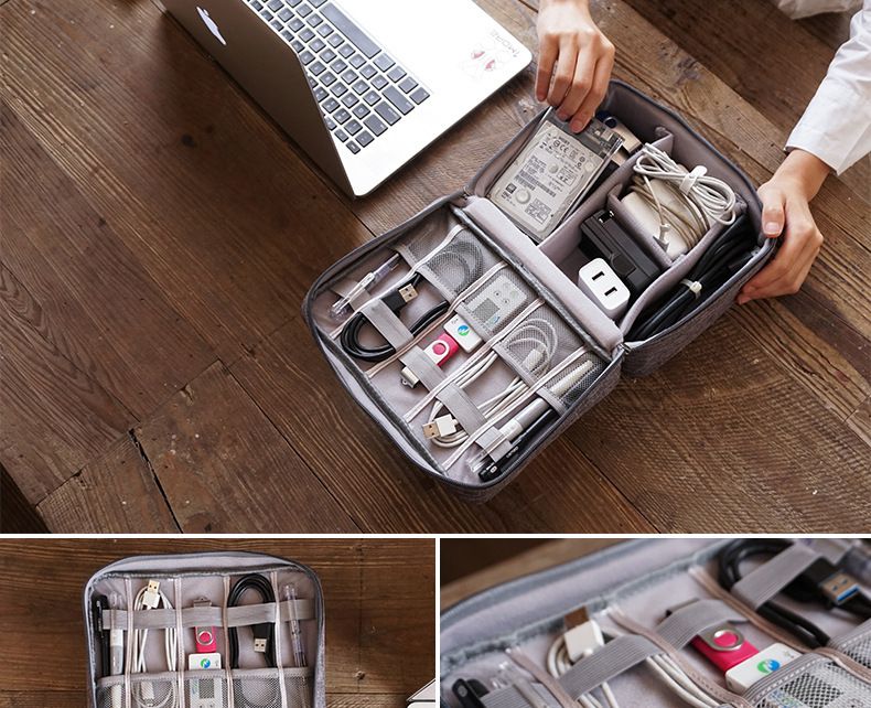 Organizador de tecnologia de viagem à prova d'água – Bolsa compacta com vários bolsos para cabos, carregadores e acessórios (tecido Oxford, 24,5 x 18,5 cm, 6 cores)_voghion.com