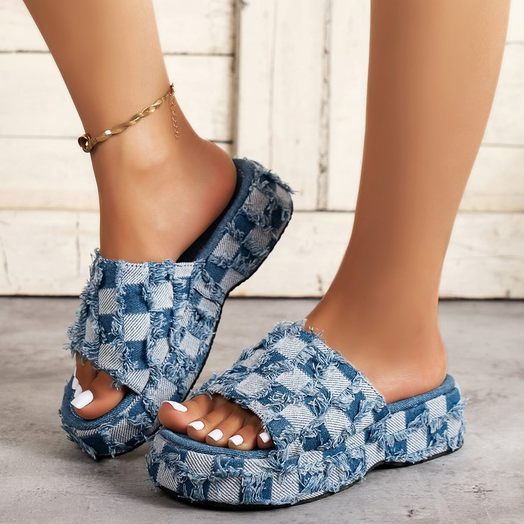 Groot formaat stoffen oppervlak, dikke zool, één lijn slip voor dames met schuine hakken en strandsandalen met ronde neus._voghion.com