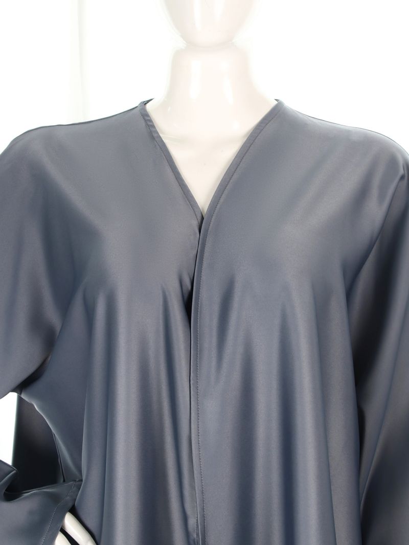 Elegantes, schlichtes muslimisches Abaya-Kleid mit Satin-Finish – langärmliger, fließender Übermantel für Frauen, atmungsaktives Polyester, verstellbare Taillenbindung_voghion.com