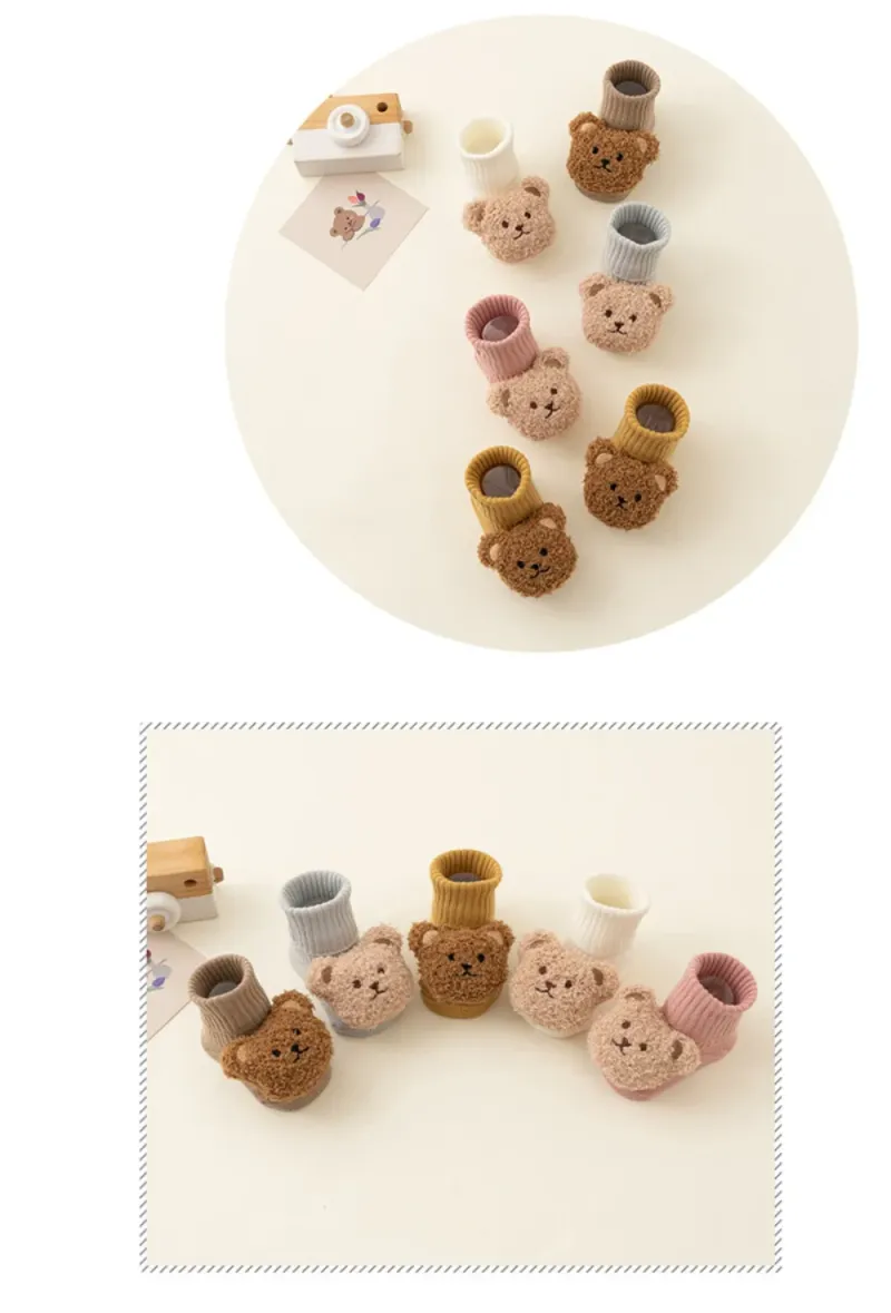 Meias de bebê fofas de urso de desenho animado para meninos e meninas, meias de inverno de algodão macio com sola antiderrapante para recém-nascidos, meias grossas e quentes para crianças_voghion.com