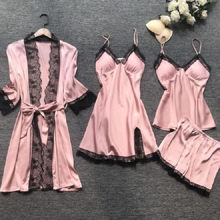 Europäisches und amerikanisches großes vierteiliges Set mit Brustpolster, sexy Schlinge, Spitzenpyjama für zu Hause, lässiger Pyjama für zu Hause_voghion.com