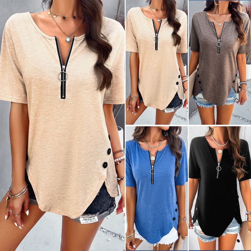 Diyun Women's Clothing 2024 Spring Summer Elegant Casual Solid Color Short Sleeve Top_voghion.com