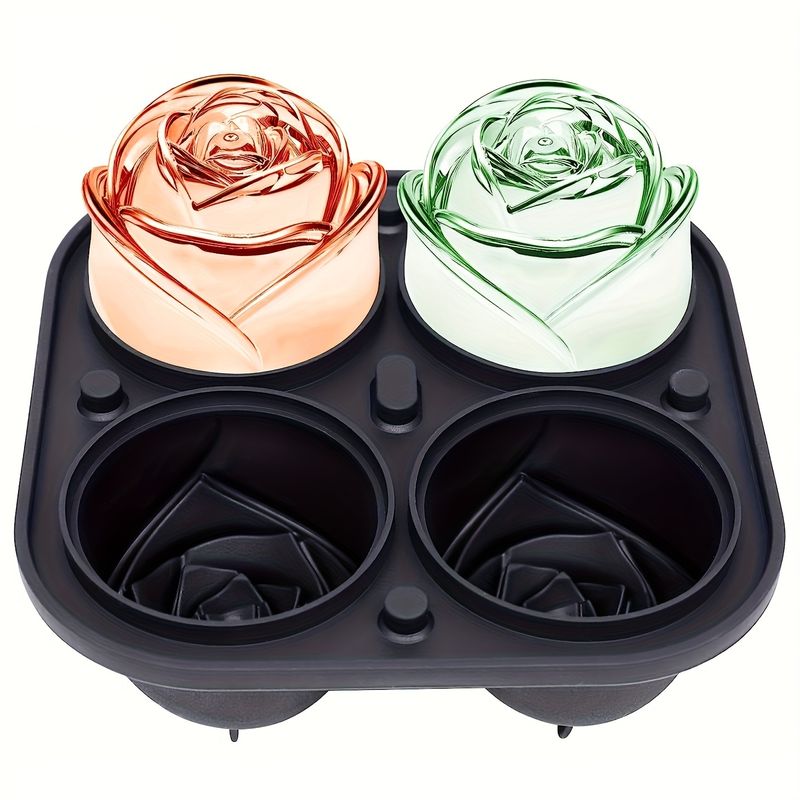 3D rose ice mold 2.5 inches,ice cube tray, can make 4 giant cute flower shape ice cubes, silicone rubber large ice ball maker, cocktail juice whiskey_voghion.com